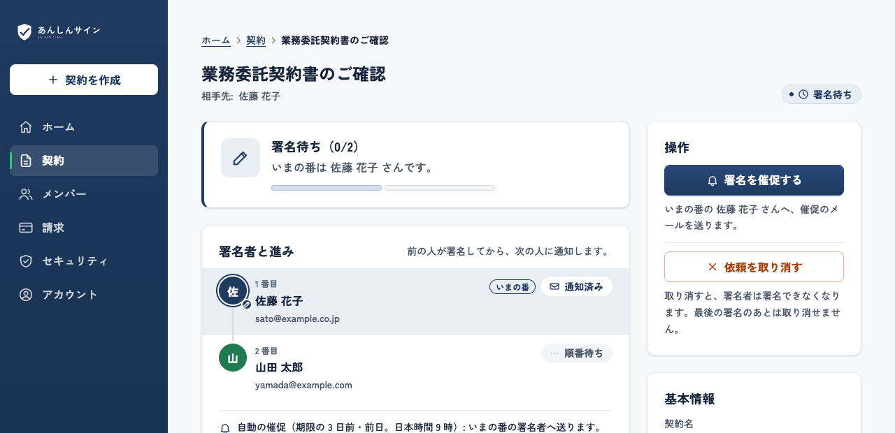 契約の詳細の画面。署名待ちの状態の帯と署名者の順番と進み、右に催促と取り消しの操作が並ぶ
