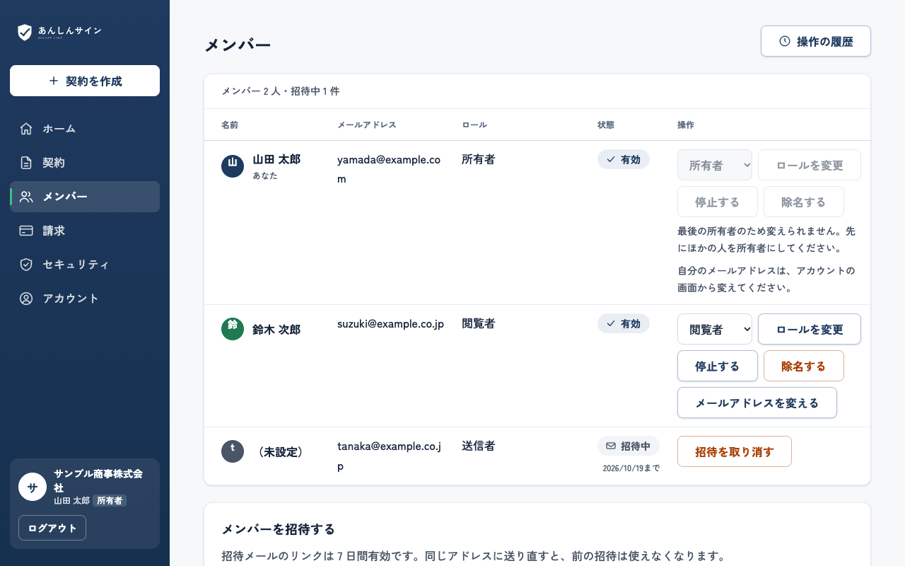 メンバーの画面。メンバーごとのロールと状態、招待中の人、招待のフォームが並ぶ